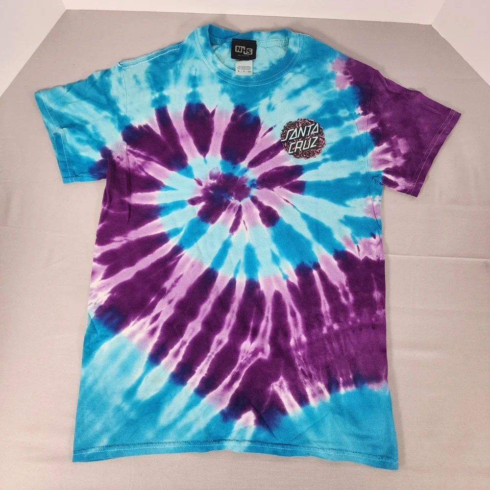 Santa Cruz Blue Tie Dye T-Shirt Mens Small Rose Logo Skate NHS Short Sleeve